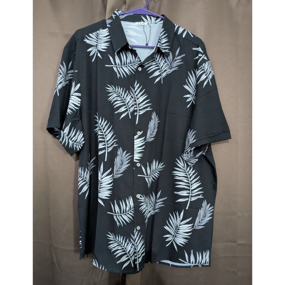 SheLucki Button Down Hawaiian Shirt Mens Short Sleeve Palmshadow Black XL